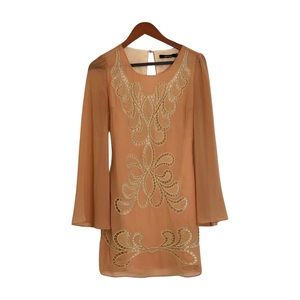 Ark & Co Embroidered Tan Mini Dress. Size Small